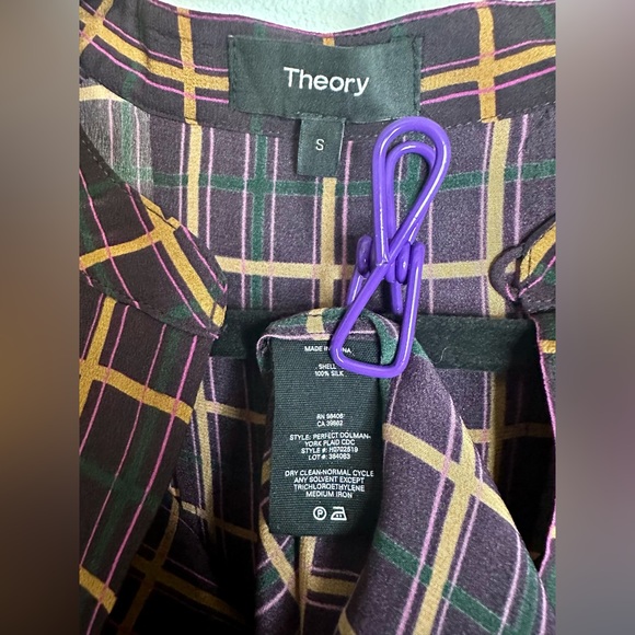 THEORY 100% Silk Dolman York Plaid Purple Multi Blouse, size small, like new - Picture 3 of 6